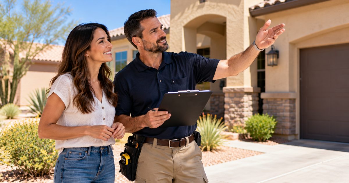 Home inspector gesturing toward the exterior of a Gilbert, AZ home while explaining findings to a buyer
