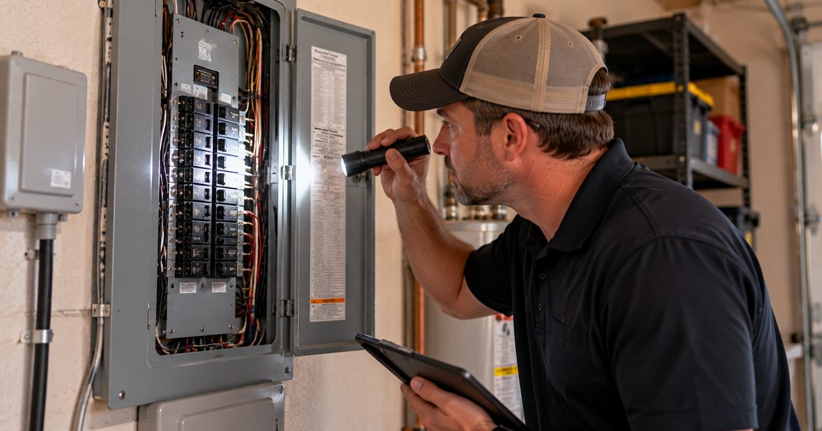 Home inspector examining an open electrical service panel with a flashlight during a Gilbert, AZ inspection