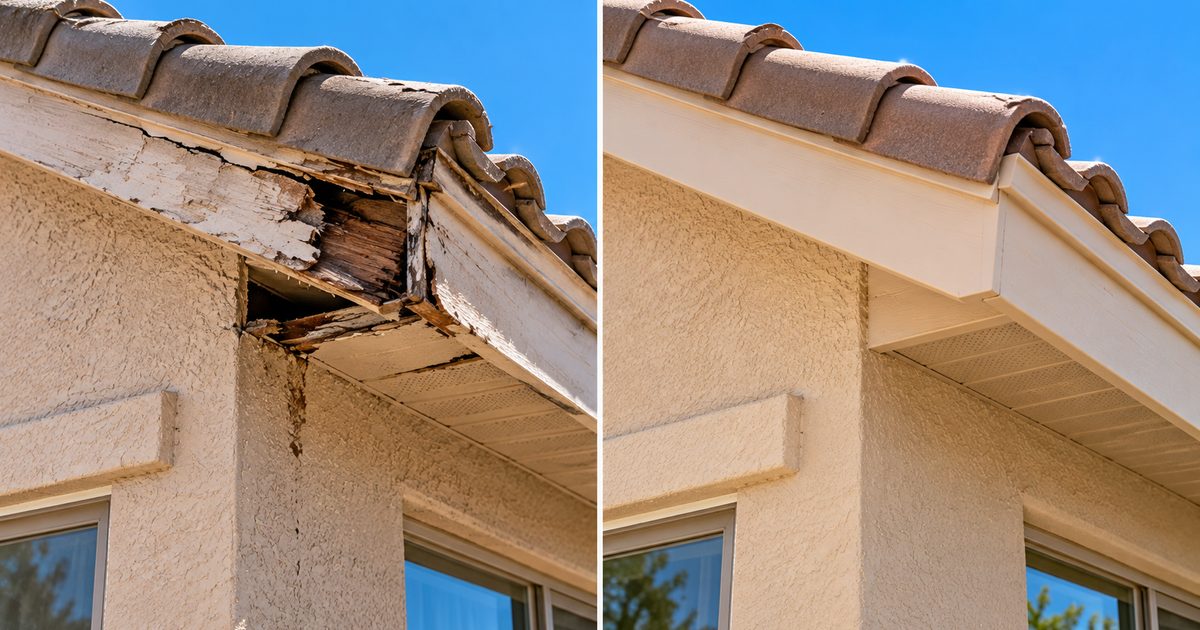 Side-by-side comparison of damaged roof fascia and the same fascia after repair on an East Valley home