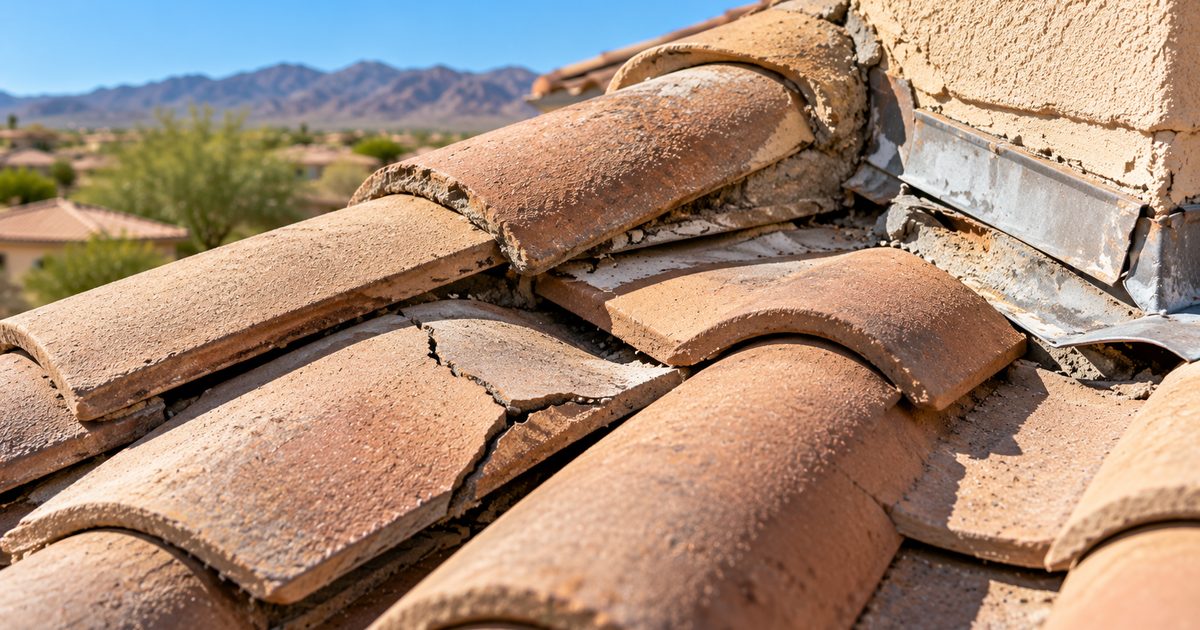 Close-up of cracked and broken concrete roof tiles with exposed underlayment on a Gilbert, AZ roof