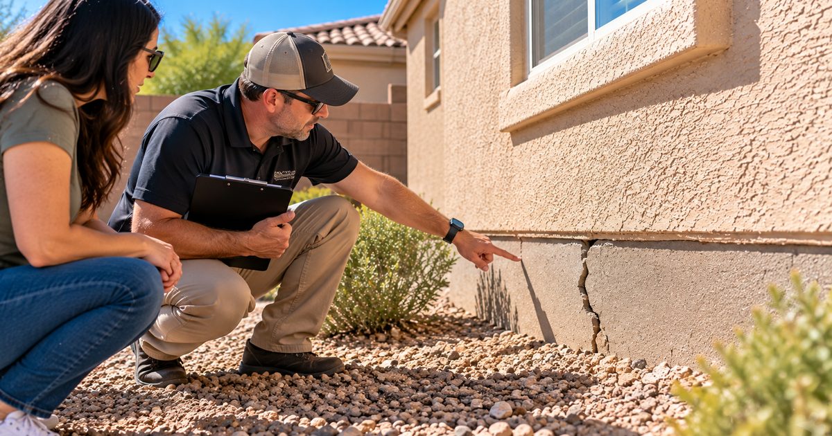 Home inspector pointing out a significant foundation crack in a stucco wall to concerned buyers