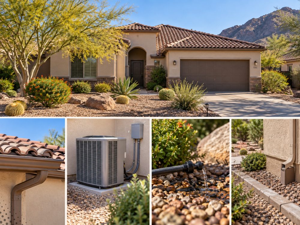 Gilbert, AZ tile-roof home with desert landscaping, with close-ups of a gutter and downspout, an AC condenser on its pad, a drip irrigation line leaking onto rock, and a downspout draining beside the foundation