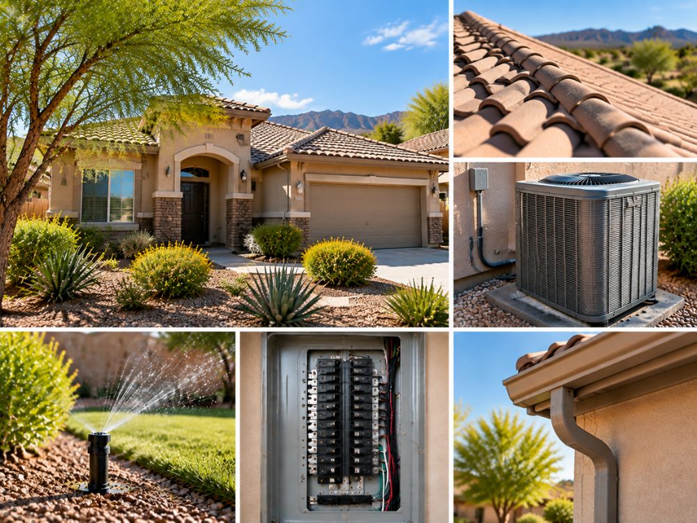 East Valley home maintenance checklist in pictures: a stucco home with a tile roof, roof tiles, an AC condenser, a lawn sprinkler head, an open electrical panel and a gutter downspout