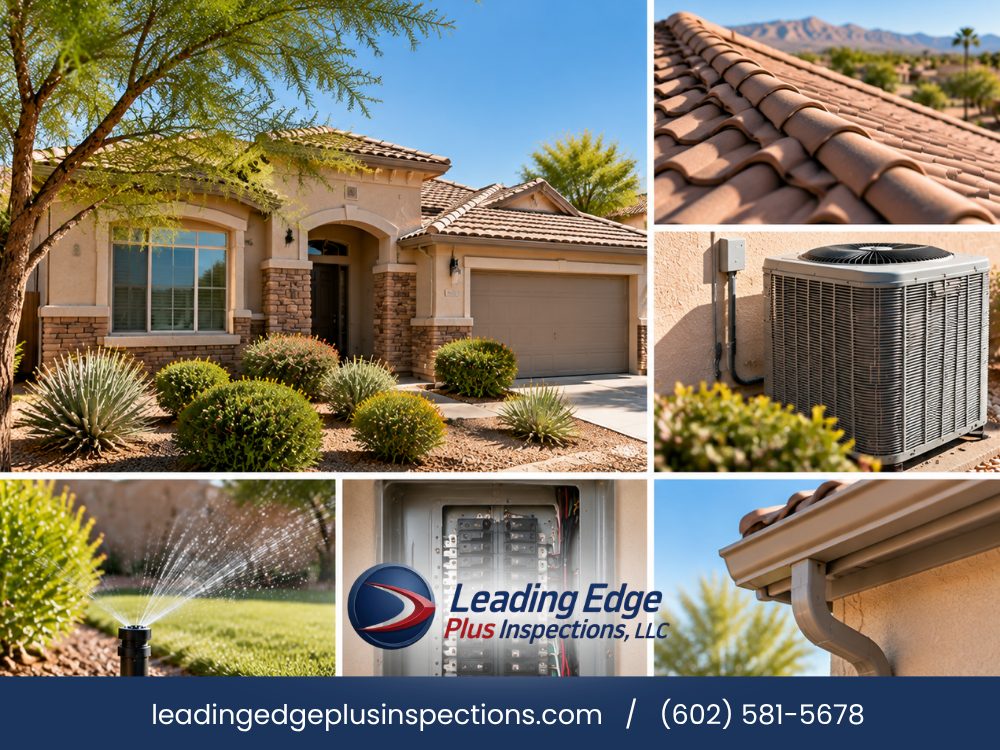 Leading Edge Plus Inspections fall home maintenance collage: a Gilbert, AZ stucco home with a tile roof and desert landscaping, with close-ups of roof tiles, an AC condenser, a lawn sprinkler, an electrical panel and a gutter downspout