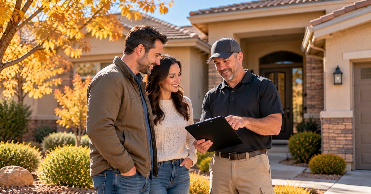 Home inspector going over an inspection report with a couple outside an East Valley home in autumn light