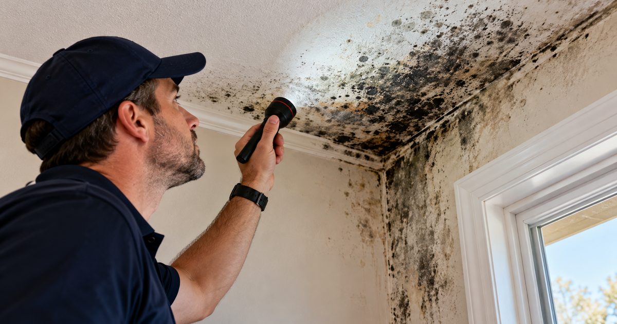 Home inspector examining dark mould growth spreading across a ceiling corner with a flashlight