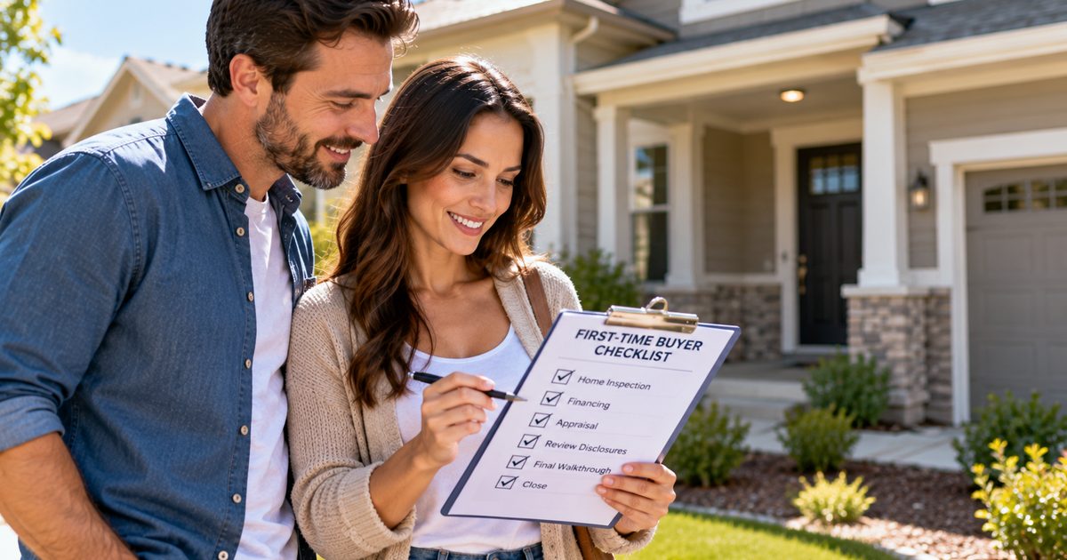 First-time buyers filling in a printed home buyer checklist outside the house they are purchasing