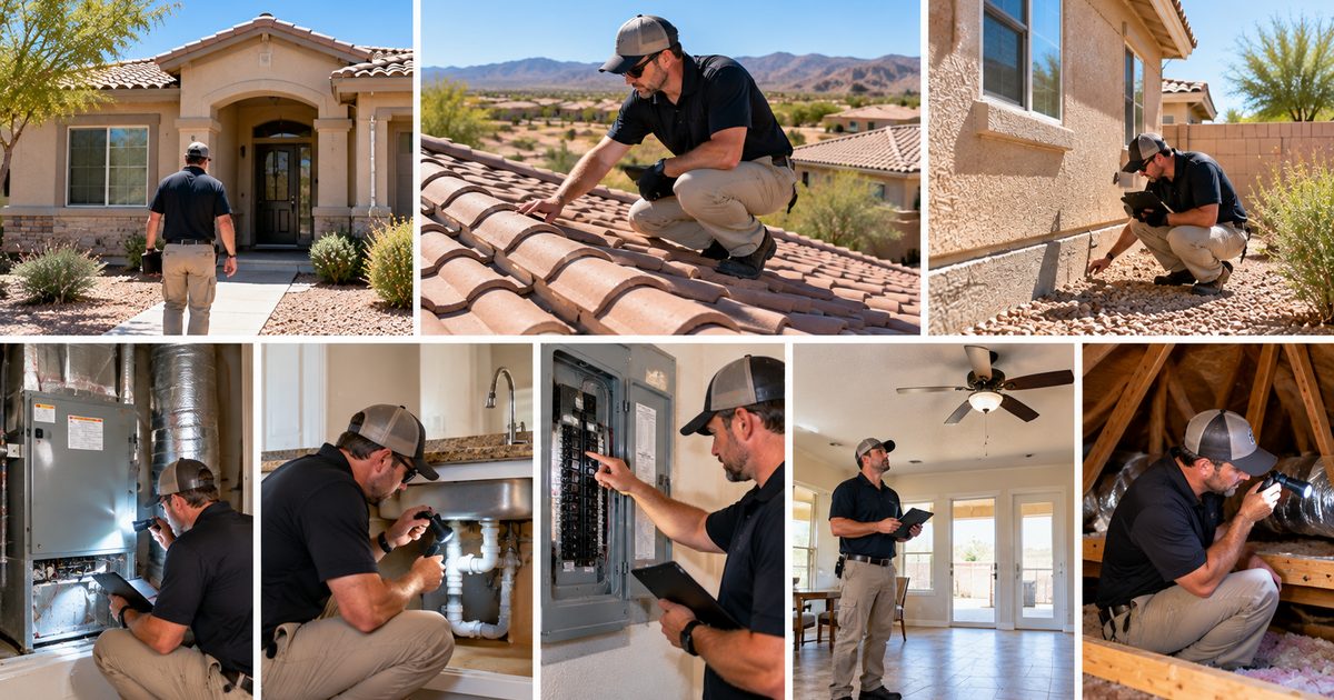 Six-panel view of a full home inspection in Gilbert, AZ covering roof, electrical panel, interior and attic