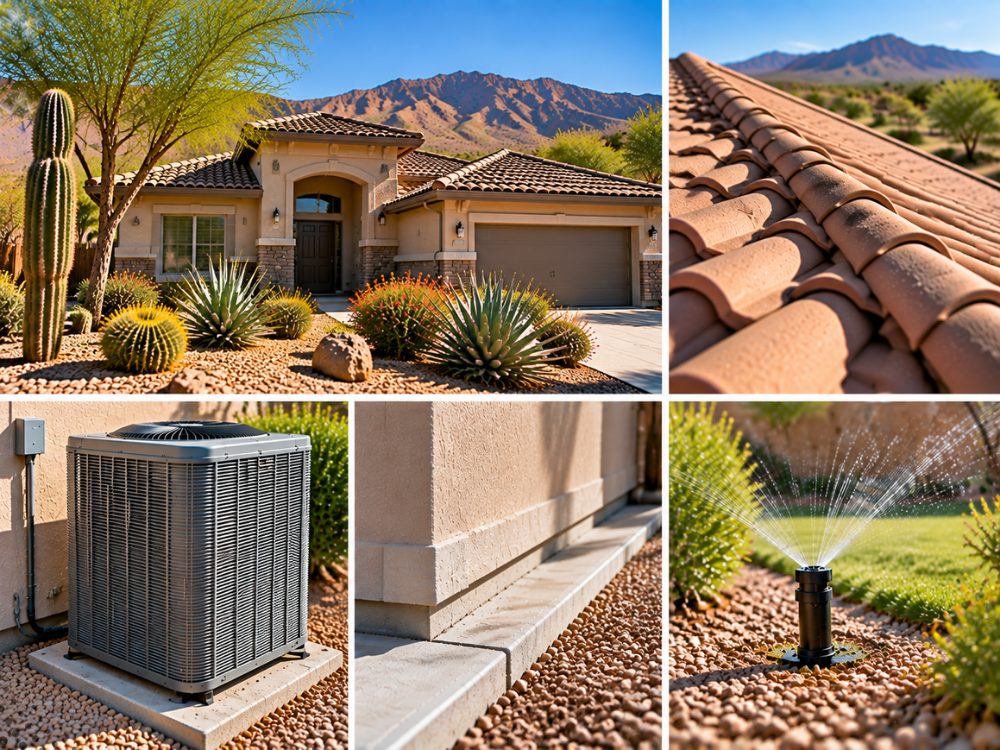 Desert home in the East Valley with a tile roof and gravel landscaping, plus close-ups of tile roof surface, an AC condenser on a concrete pad, a stucco wall meeting a concrete walkway, and a lawn sprinkler head spraying beside rock