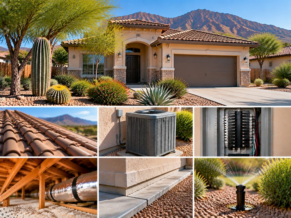 Arizona home inspection areas in pictures: a tile-roof stucco home with a saguaro cactus and mountain backdrop, roof tile, an AC condenser, an open electrical panel, attic framing with ductwork, the stucco foundation edge, and an irrigation sprinkler