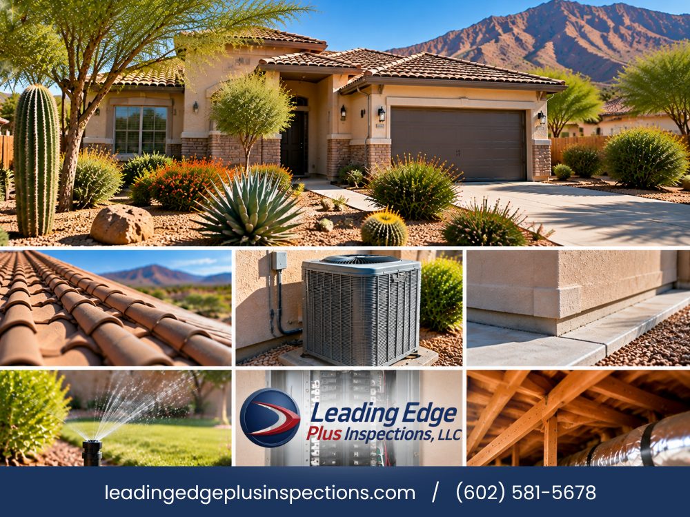 Leading Edge Plus Inspections graphic: a stucco Gilbert, AZ home with a tile roof, cactus and desert landscaping in front of a mountain, above close-ups of roof tile, an AC condenser, a stucco stem wall, a sprinkler, an electrical panel with the company logo, and attic framing with ductwork