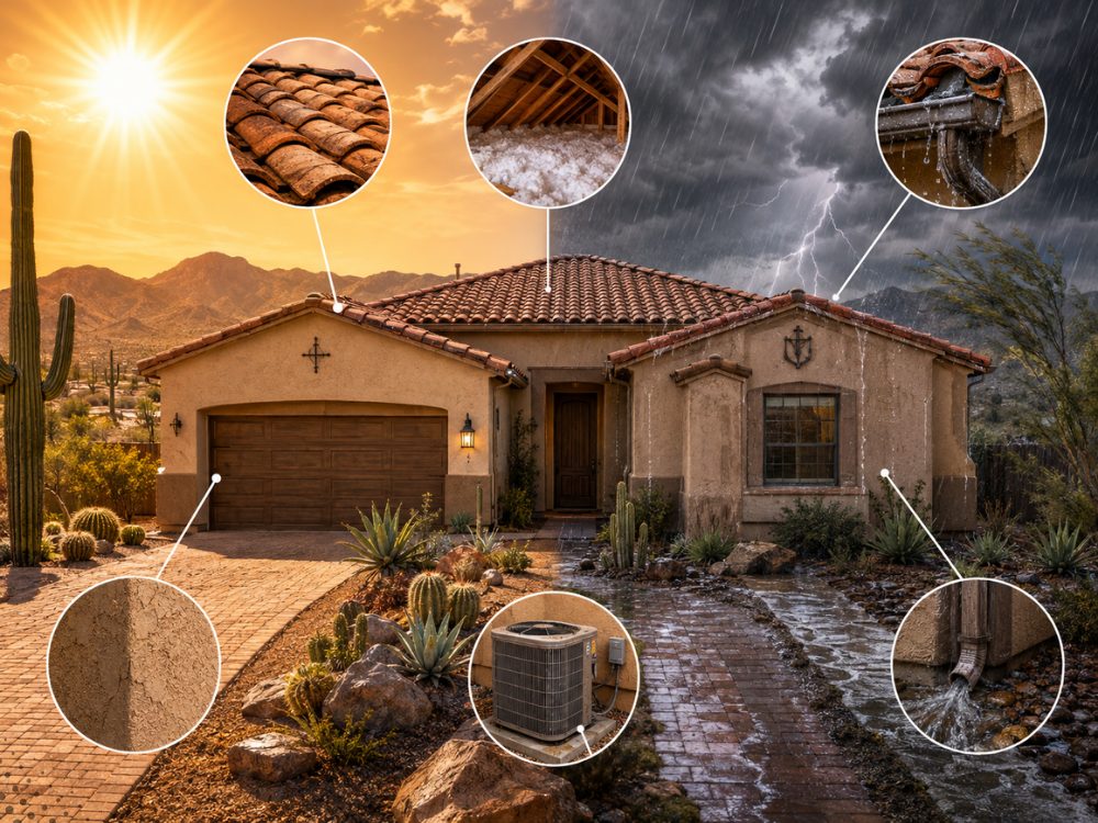 Split image of an East Valley stucco home in blazing sun and in a monsoon storm, with callouts to the tile roof, attic insulation, gutters, stucco, AC condenser and downspout drainage