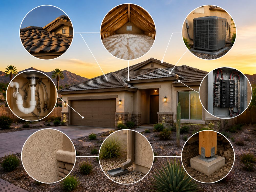 Gilbert, AZ home at dusk with callouts to the systems a home inspection covers: tile roof, attic insulation, AC condenser, electrical panel, plumbing, stucco, drainage and structural framing