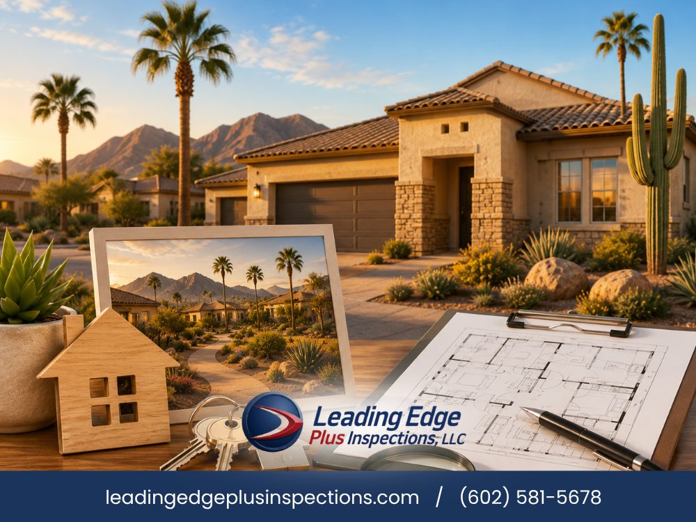 Leading Edge Plus Inspections: a Gilbert, AZ home with mountain views behind a wooden house model, house keys, a framed neighborhood photo and a floor plan on a clipboard