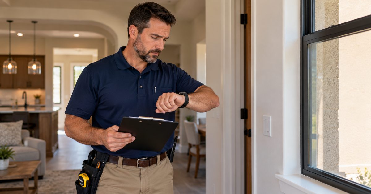 Home inspector checking the time while working through an inspection checklist inside a Gilbert, AZ home