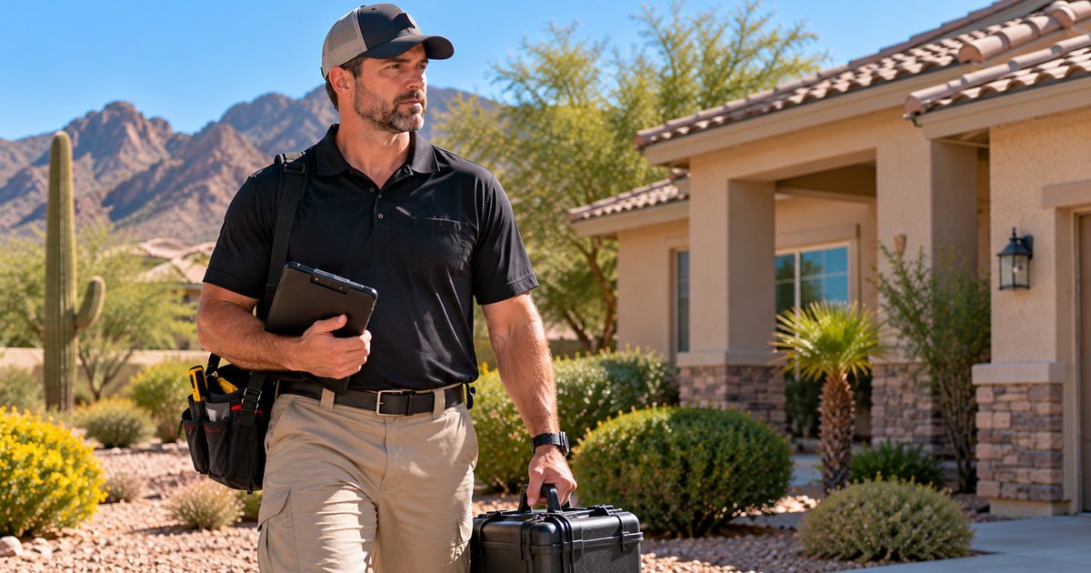 Professional home inspector with tool case standing outside a Gilbert, AZ home