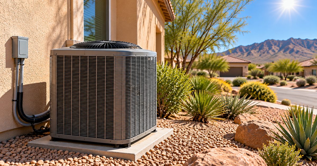 Outdoor air conditioning condenser beside a stucco Gilbert, AZ home with desert landscaping under strong summer sun