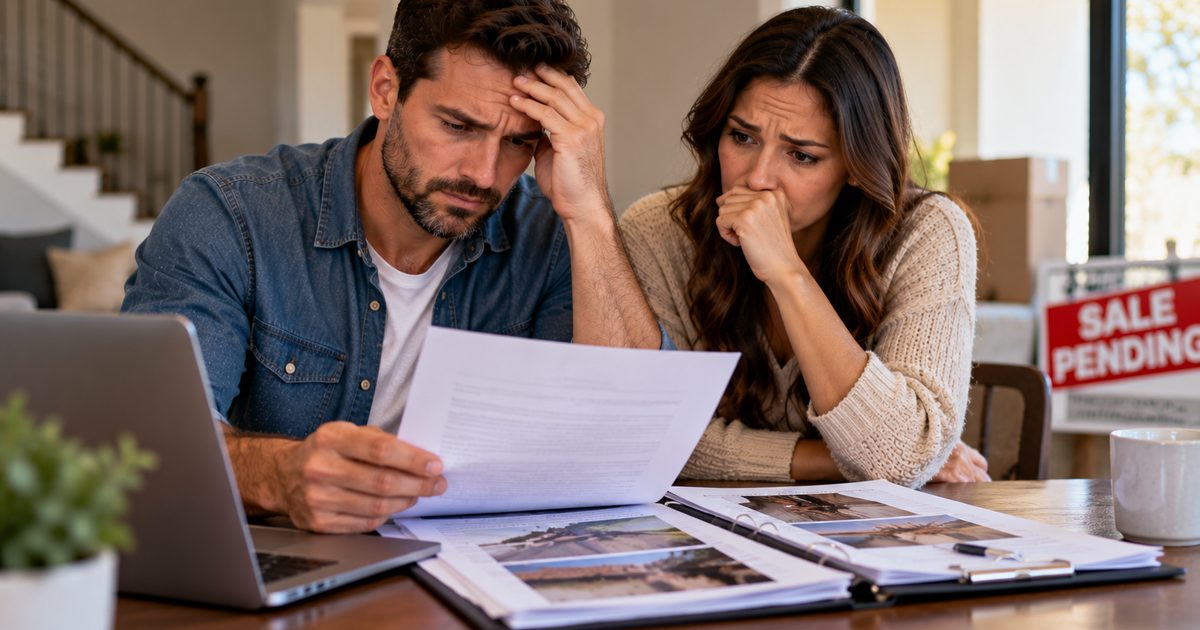 Buyers reading an inspection report with concern, a Sale Pending sign visible through the window behind them