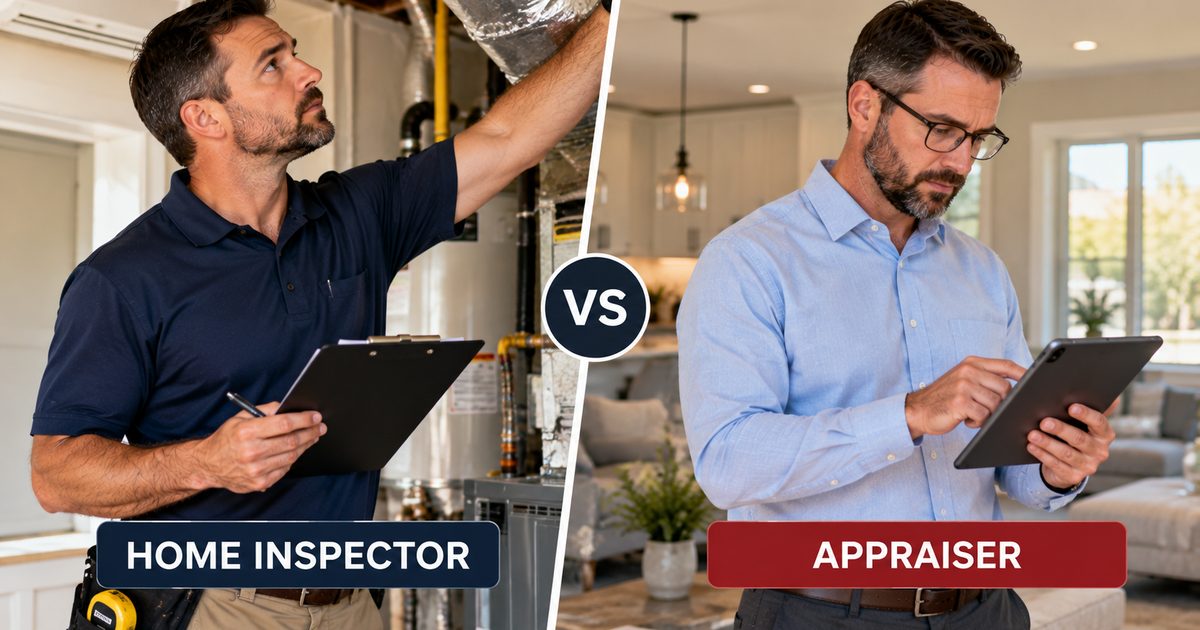 Split comparison showing a home inspector with a clipboard beside an appraiser with a tablet, labelled Home Inspector and Appraiser
