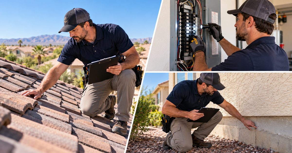 Three-part view of an inspector checking the roof, the electrical panel and the exterior of a home