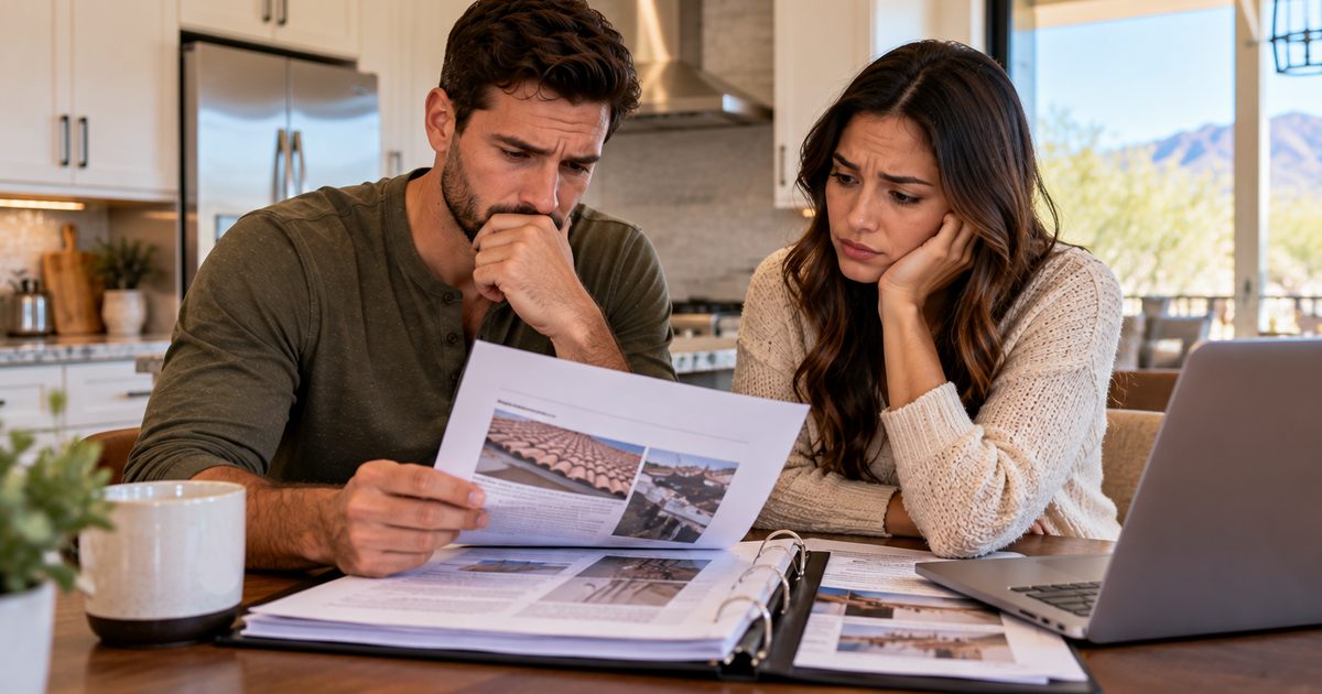 Buyers looking worried as they review photographs in a home inspection report at a kitchen table