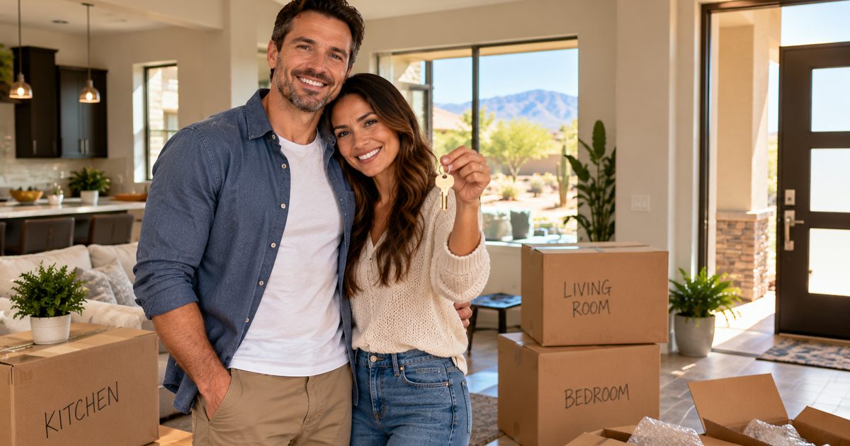 New homeowners holding their keys among labelled moving boxes in their new Arizona home
