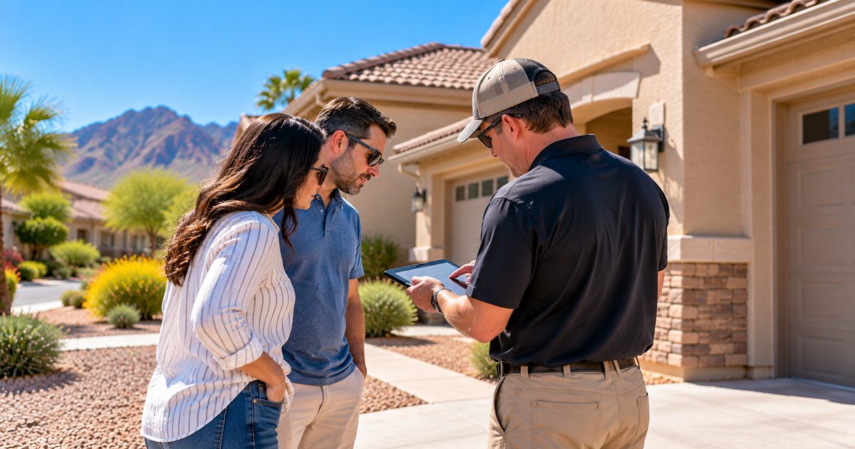Home inspector reviewing findings on a tablet with a buyer couple outside a Phoenix, AZ home