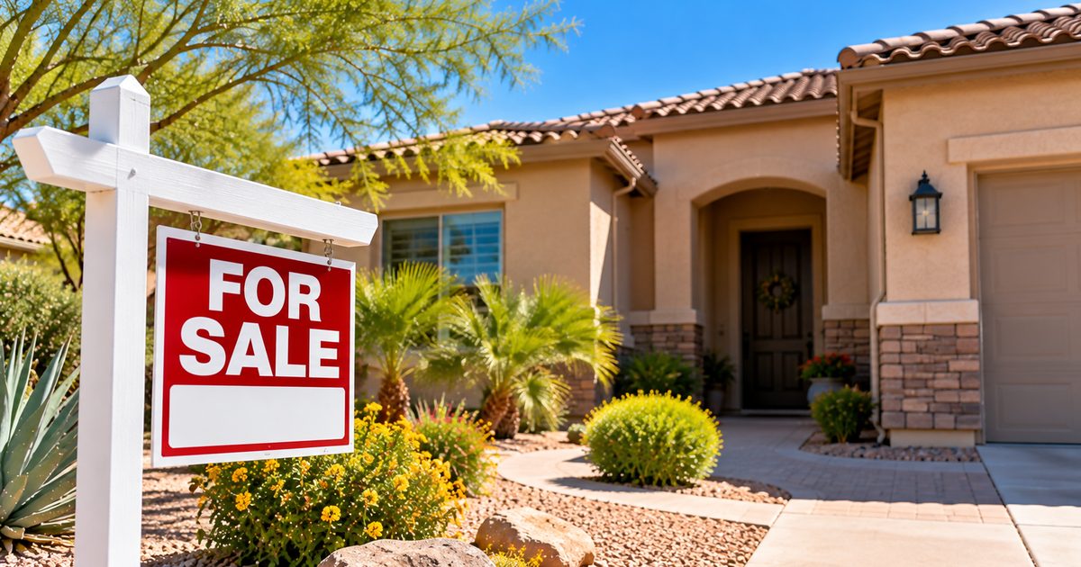 For Sale sign in the front yard of a well-kept Gilbert, AZ home with desert landscaping