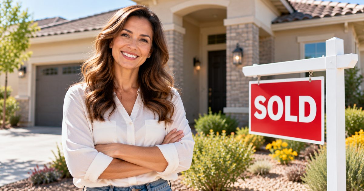 Confident seller standing with arms folded in front of her home beside a Sold sign