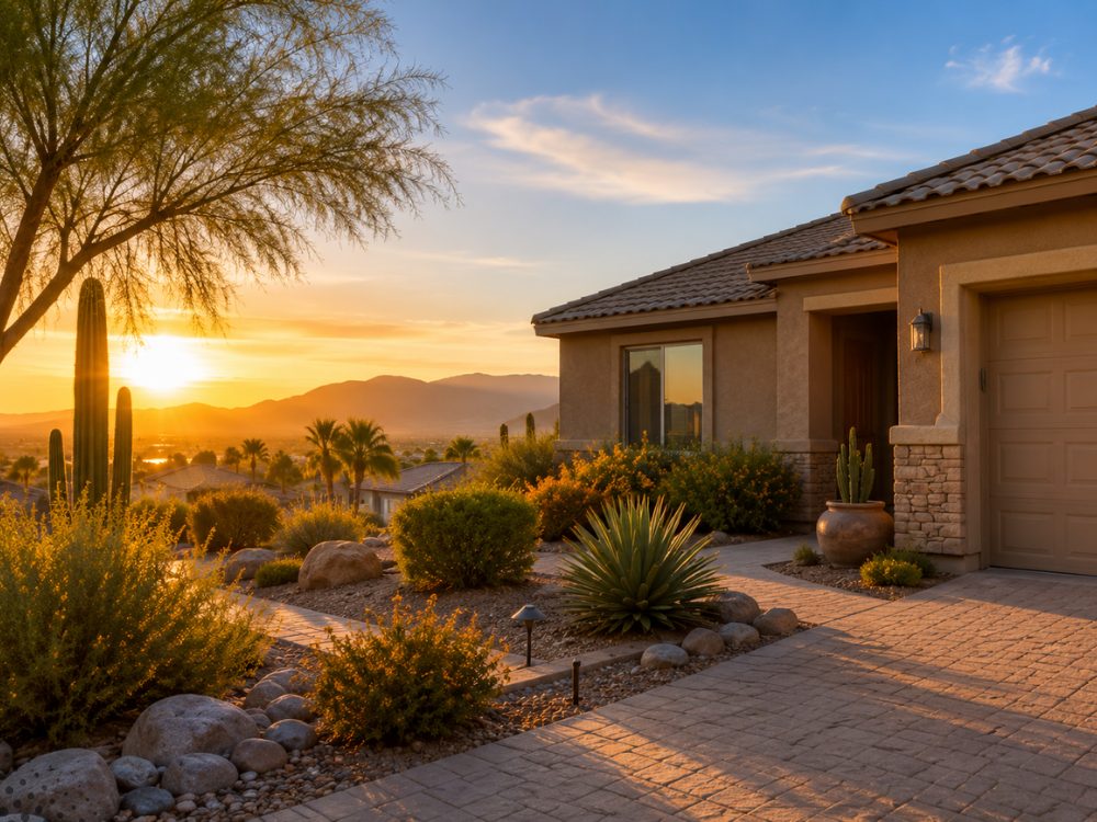 Stucco home with a tile roof and desert landscaping in the East Valley, AZ at sunset after monsoon season