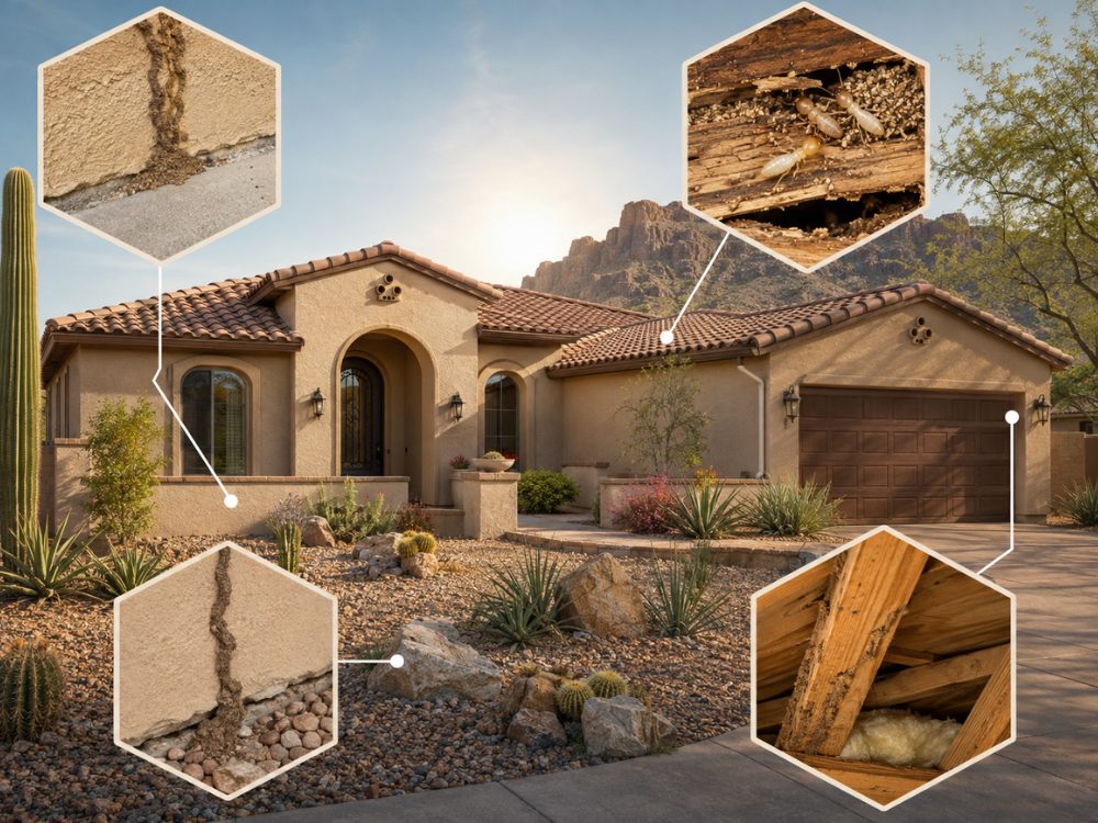 East Valley stucco home with callouts showing termite mud tubes on the foundation, termites in damaged wood and chewed attic framing