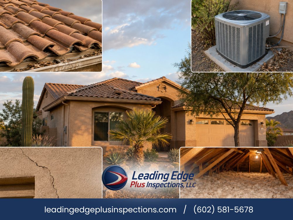 Leading Edge Plus Inspections September maintenance collage: a Gilbert, AZ stucco home at sunset with close-ups of a tile roof and gutter, an AC condenser, a stucco crack and attic insulation