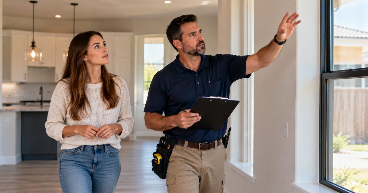 Home inspector pointing out a ceiling detail to a buyer walking the home alongside him