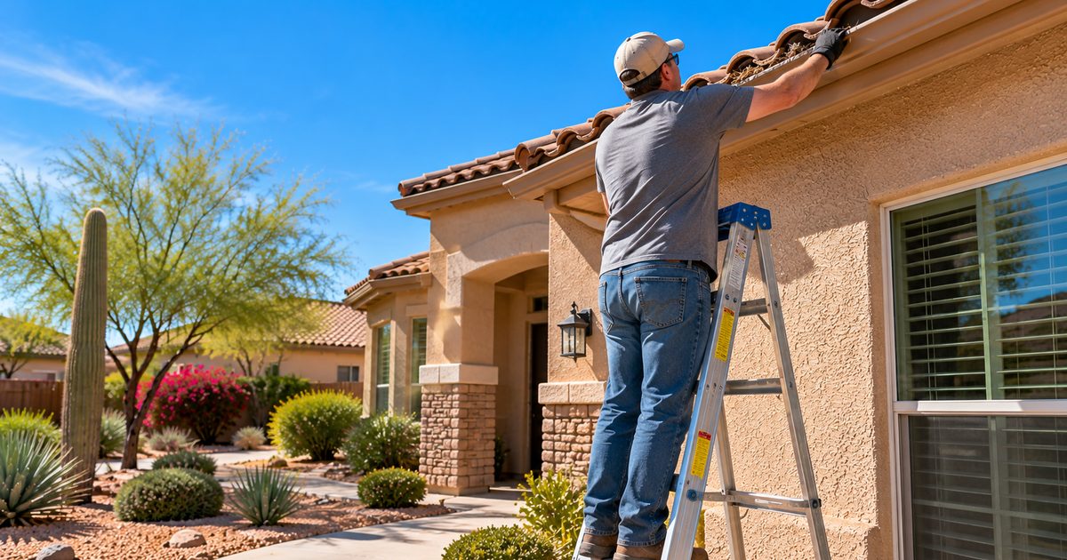Homeowner on a ladder inspecting the roof edge and fascia of a Tempe, AZ stucco home in spring