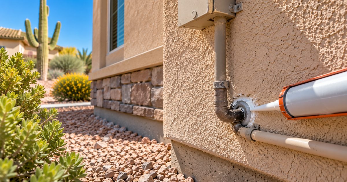 Exterior pipe penetration sealed against pests where it enters the stucco wall of a Chandler, AZ home