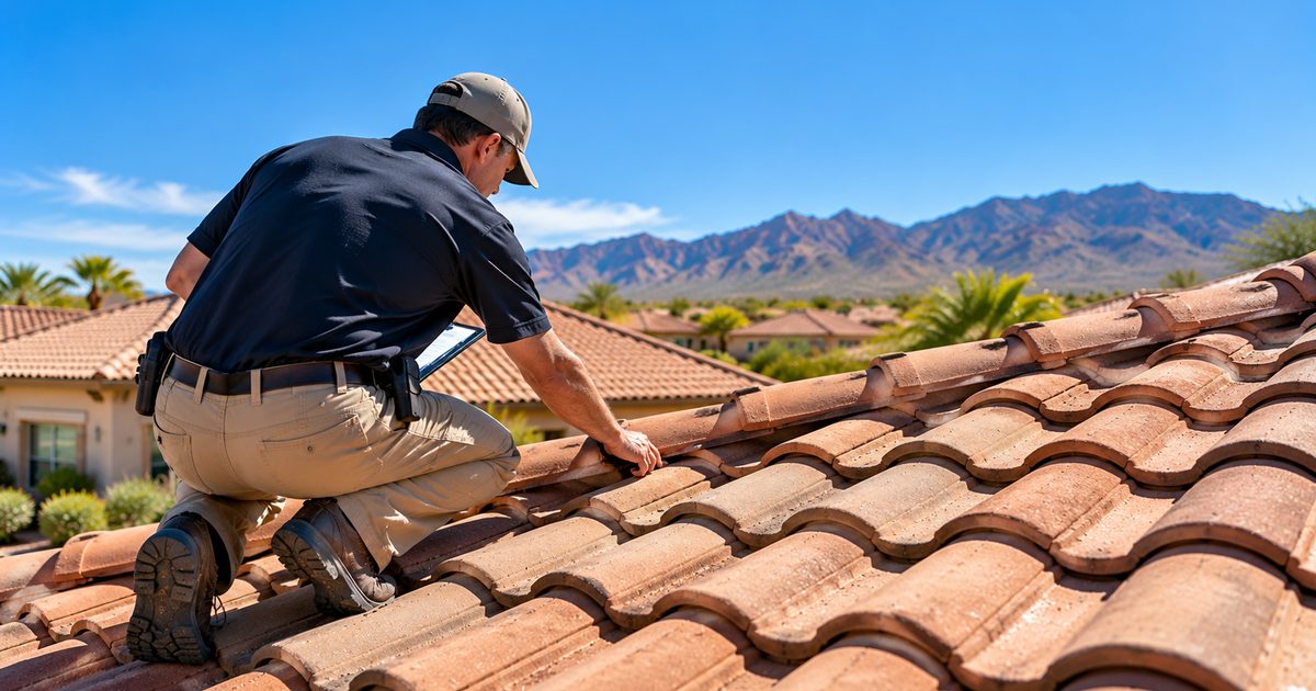 Home inspector kneeling on a barrel tile roof examining tile condition against a clear Arizona sky