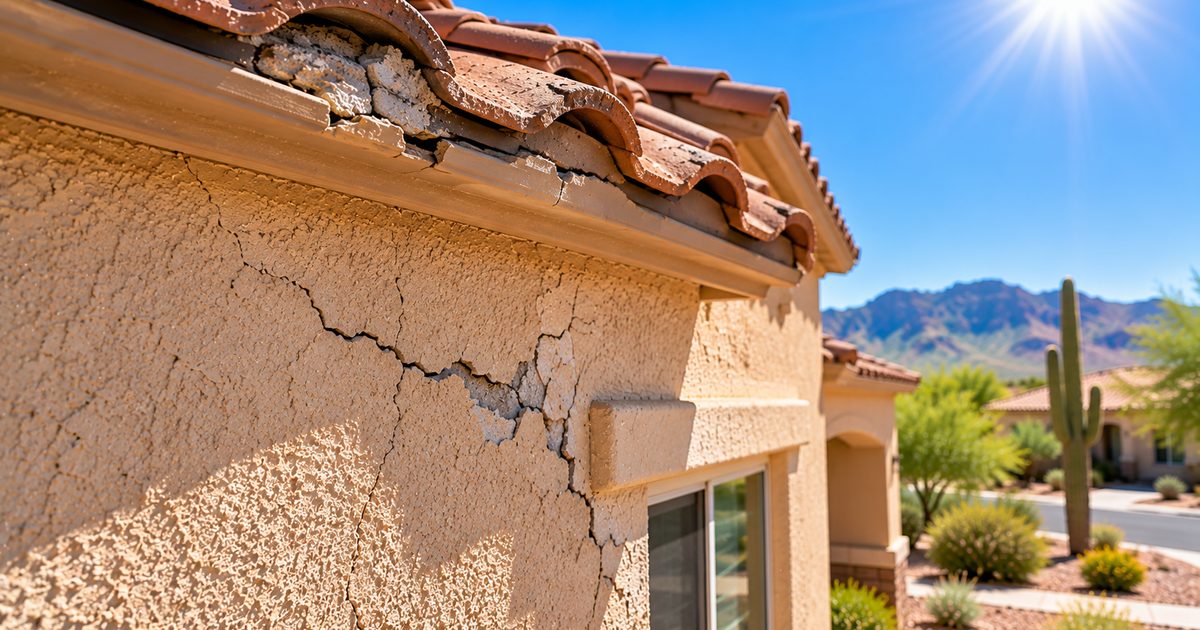 Cracked stucco below the roofline of a Gilbert, AZ home under harsh summer sun