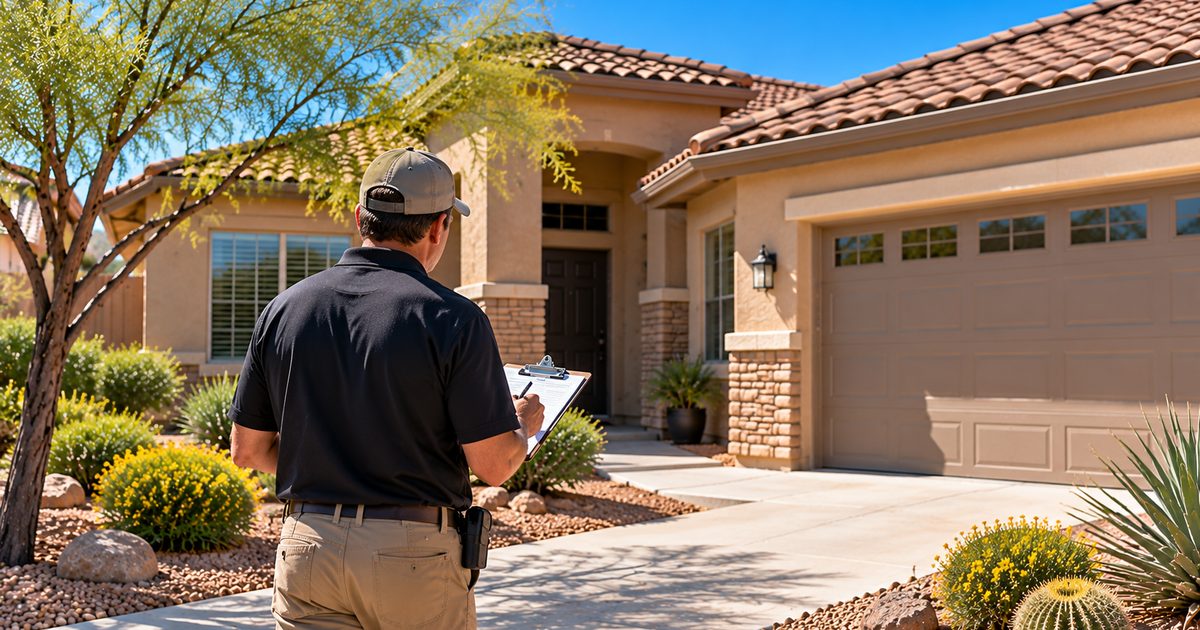 Home inspector with a clipboard walking up the driveway of a tile-roofed Gilbert, AZ home to begin an inspection