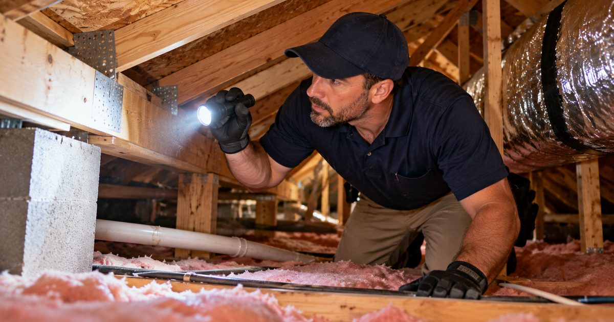 Home inspector with a flashlight examining plumbing and insulation in a crawl space