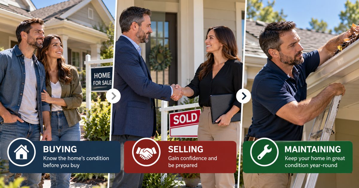 Three-panel graphic showing when to hire a home inspector — buying, selling and maintaining a home