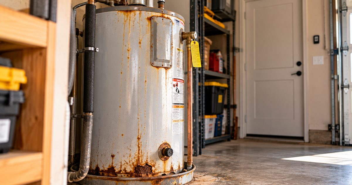 Aging water heater with rust and corrosion at the fittings in an Arizona garage
