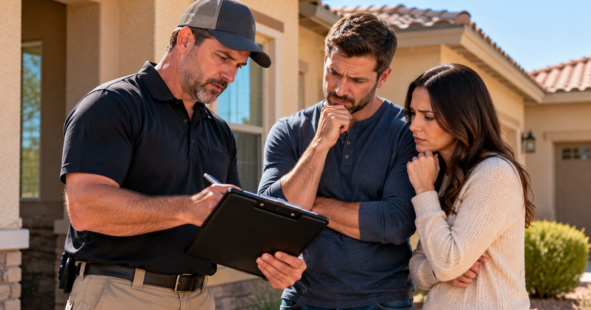 Home inspector showing serious inspection findings on a clipboard to a concerned buyer couple