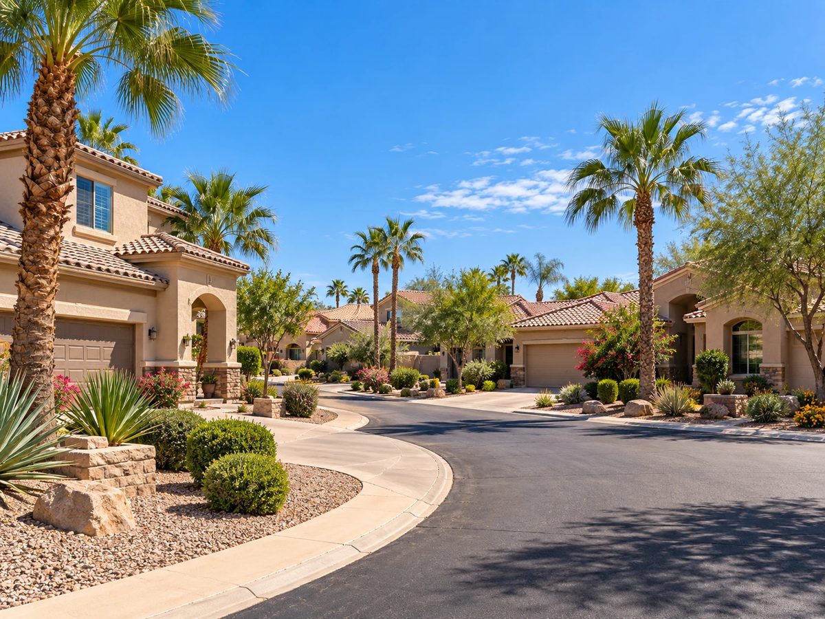 Established Chandler, AZ neighborhood of stucco homes lined with mature palms and desert landscaping