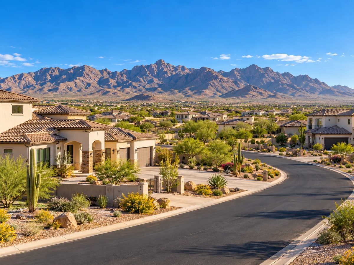 Tile-roofed homes on a quiet desert street in Gilbert, AZ, with the East Valley mountains beyond