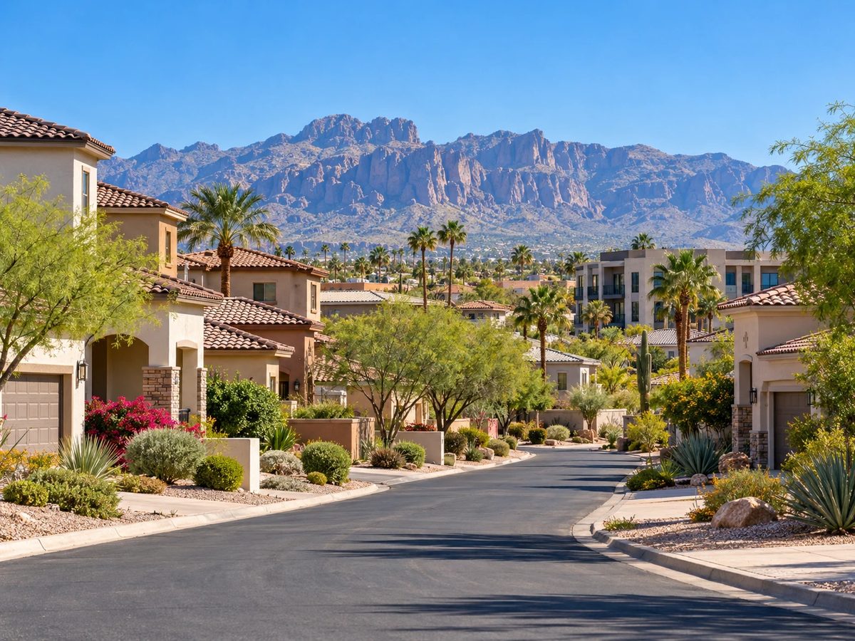 Mesa, AZ residential street of tile-roofed homes with the Superstition Mountains in the background