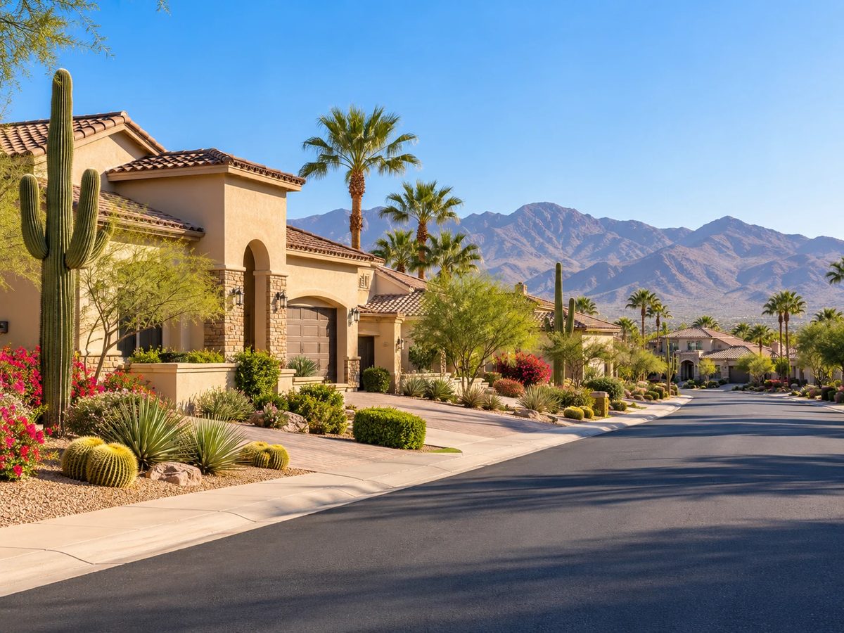 Newer Queen Creek, AZ homes along a desert street with saguaro cactus and mountain views