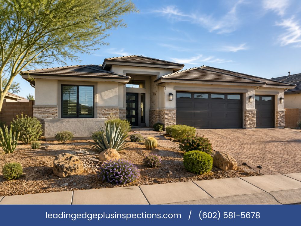 A single-story stucco and stone home with desert landscaping, of the age typically covered by a builder&rsquo;s one-year warranty