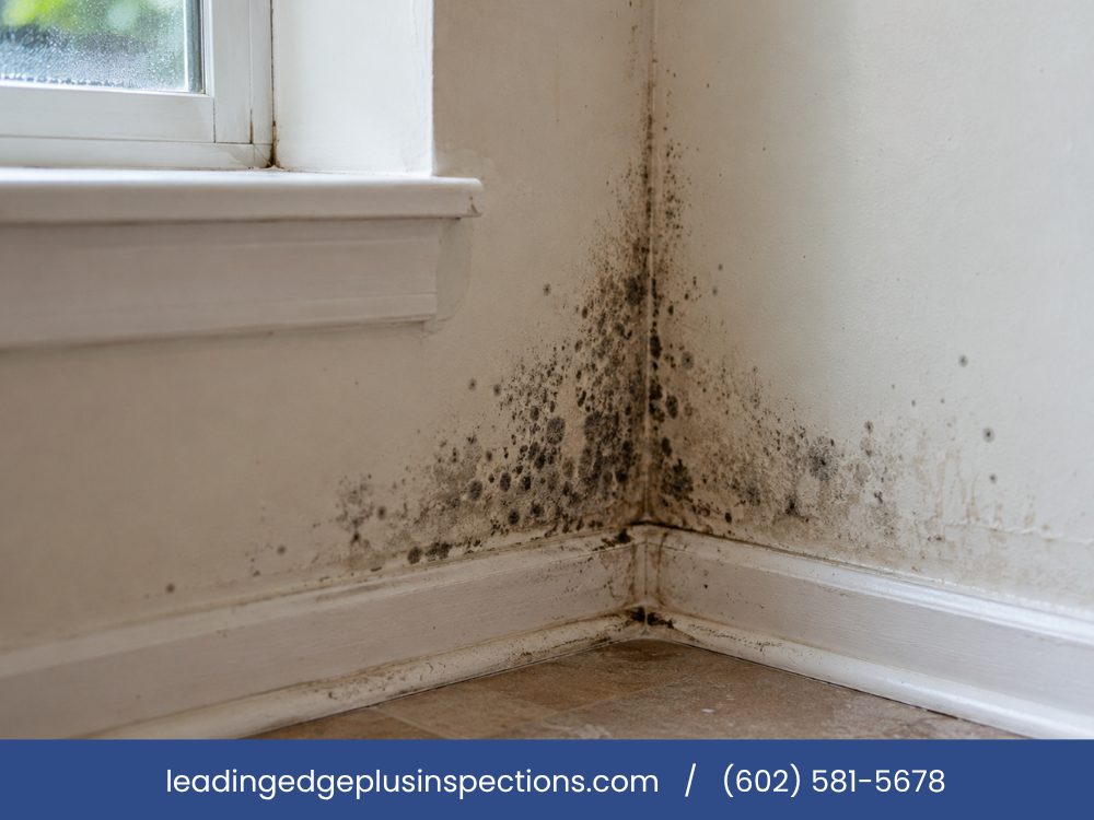 Dark mold growth spreading across an interior wall corner and baseboard below a window