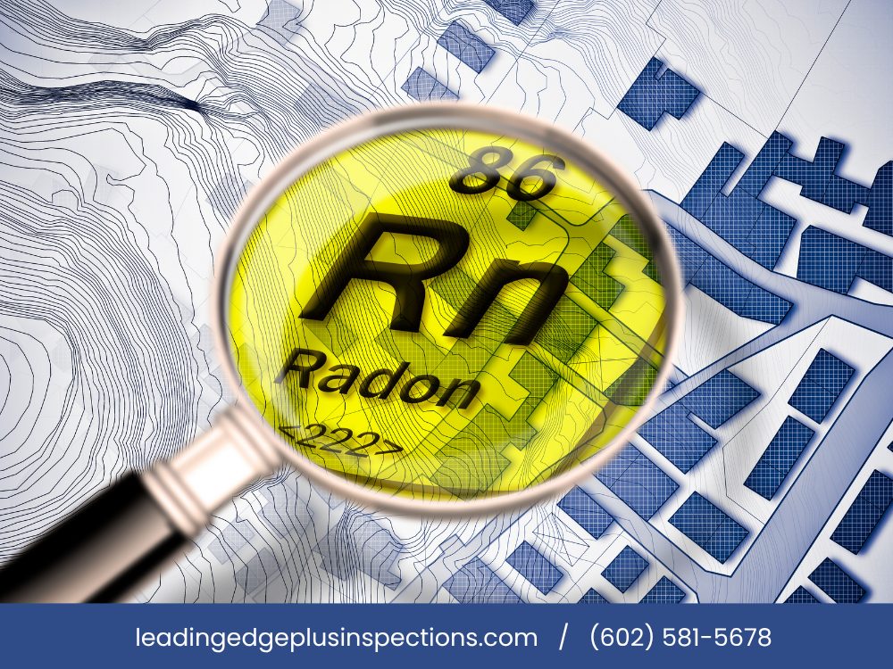 A magnifying glass over the periodic-table entry for radon, element 86, above a neighborhood parcel map